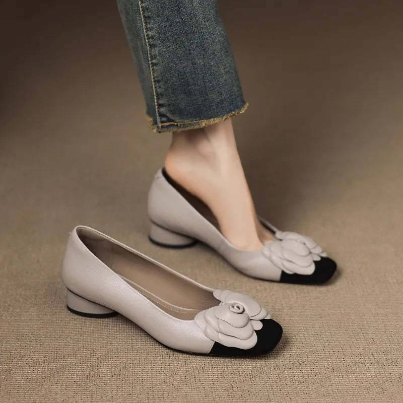 French Kitten Heel Color Block Camellia Single Shoe Summer 2025 New Block Heel Shallow Mouth Versatile Women's Shoes