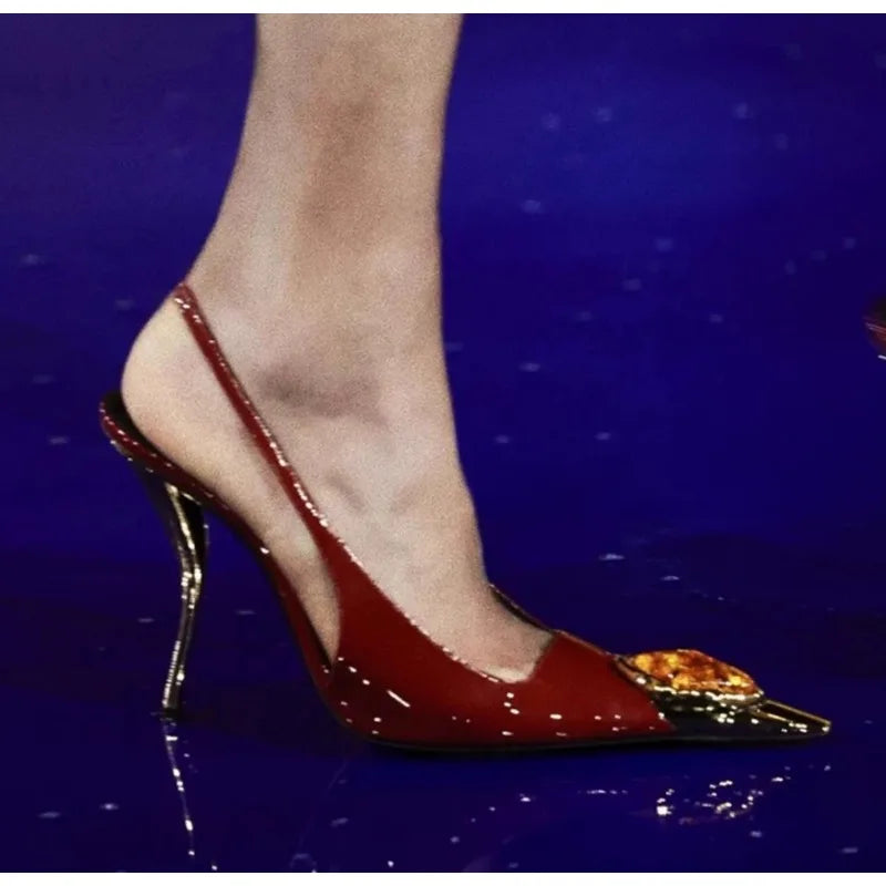 Designer Street Style Design Inlay Diamonds Woman Pumps Sandals Elegant Sexy Thin Heels Pointed Toe Banquet Prom Slingbacks Shoe